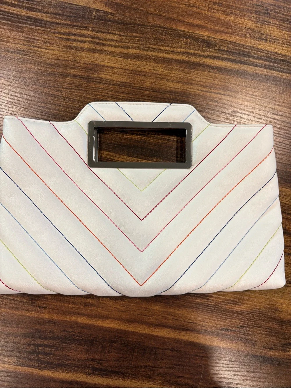 INC International Concepts White Clutch with Multicolor Chevron Stitch